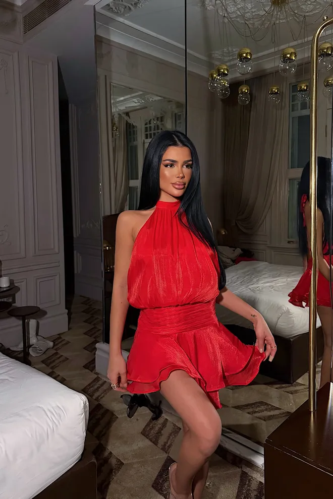 EYYO ATELIER Κόκκινο Σέξι Κομψό Φόρεμα Fit And Flare Μίνι Χονδρικό εμπόριο ενδυμάτων Σέξι