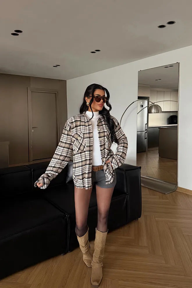 EYYO ATELIER Giacca Overshirt Beige A Scacchi Con Tasca Con Patta Abbigliamento all'ingrosso 1