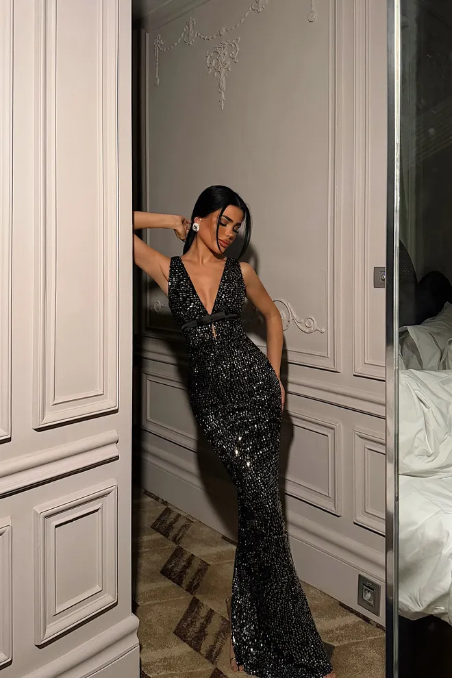 EYYO ATELIER Черна Секси Елегантна Рокля С Пайети Бодикон Дрехи на едро Секси