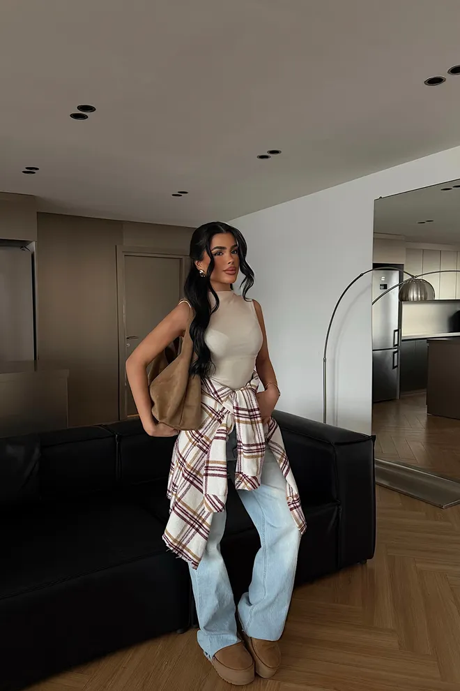 EYYO ATELIER Beige Plaid Oversized Shacket Jacket Wholesale Clothing Lounge