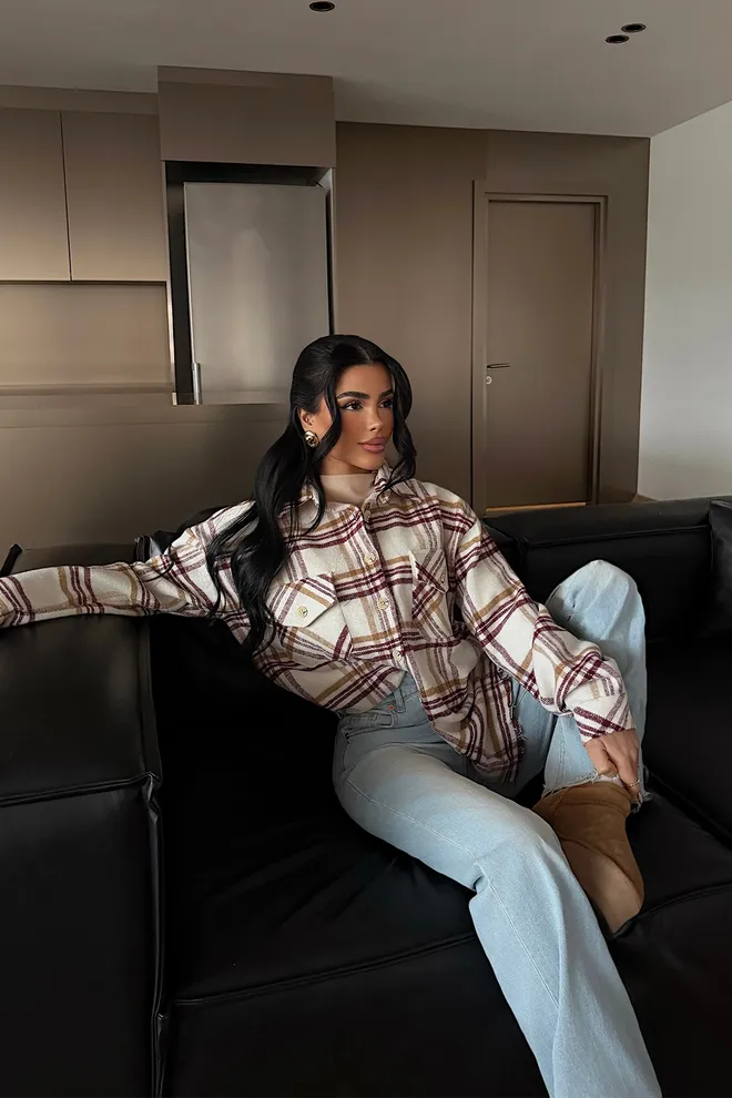 EYYO ATELIER Беж Јакна Шакет Карирани Оверсизед Фит Са Поинт Цоллар И Закопчана Велепродаја одеће Неформалан