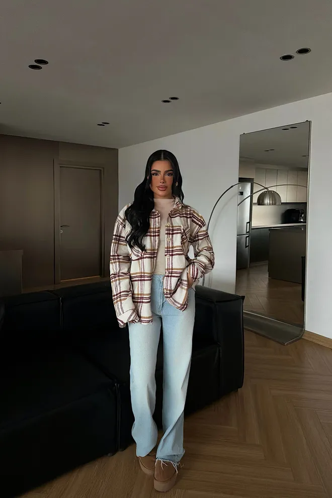 EYYO ATELIER Beige Plaid Oversized Shacket Jacket Wholesale Clothing 1