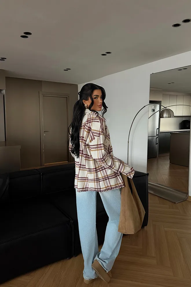 EYYO ATELIER Beige Plaid Oversized Shacket Jacket Wholesale Clothing Spring