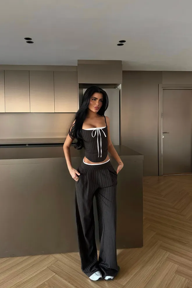 EYYO ATELIER Siyah Çizgili Dar Kesim Palazzo Seti Toptan Giyim İş