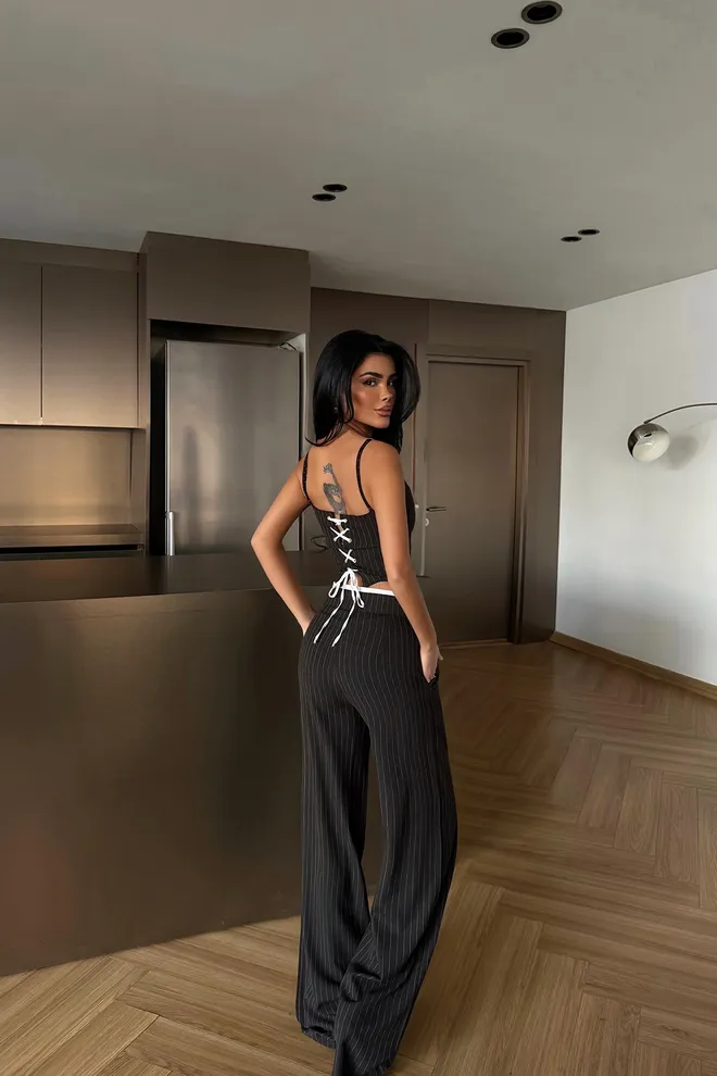 EYYO ATELIER Siyah Çizgili Dar Kesim Palazzo Seti Toptan Giyim Bahar