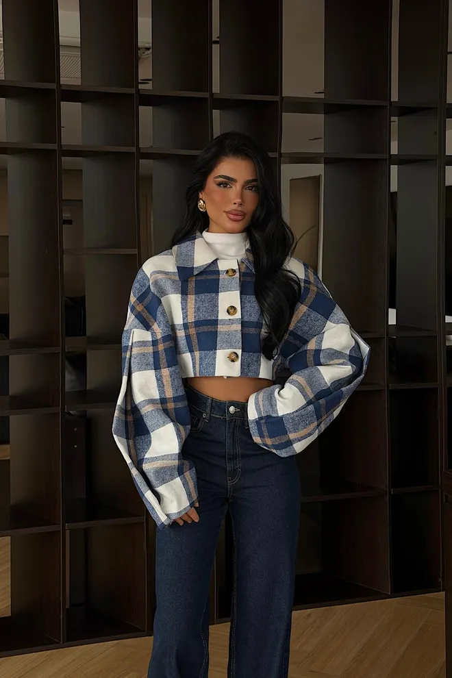 EYYO ATELIER Blue Oversized Checkered Casual Jacket Wholesale Clothing Lounge