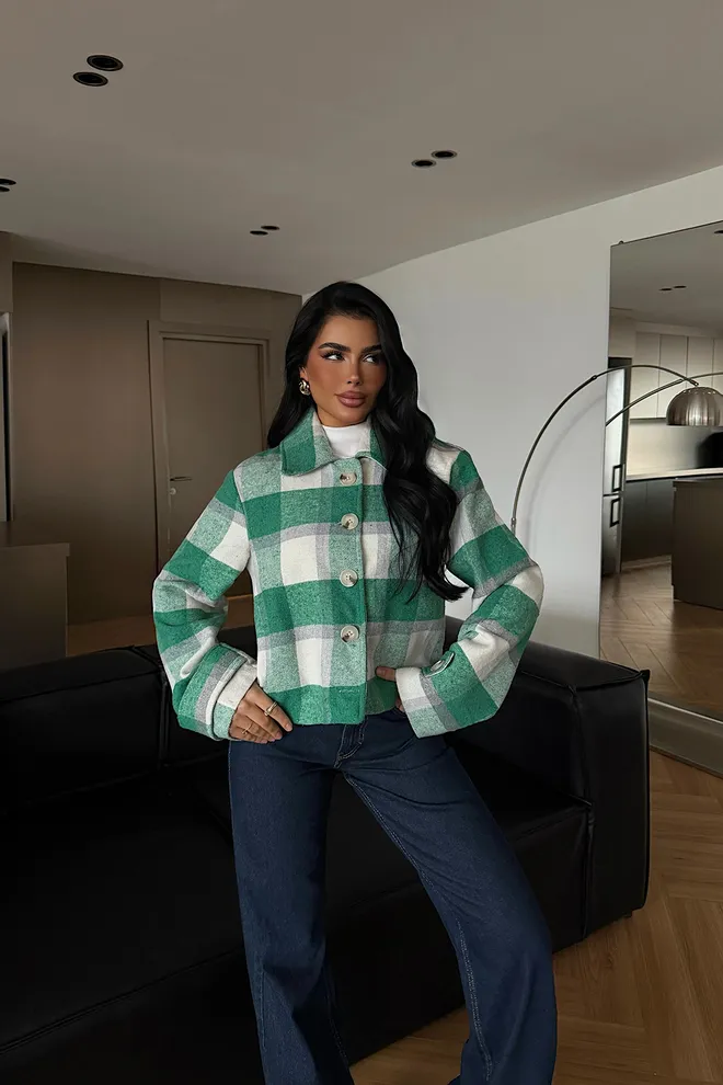 EYYO ATELIER Зеленая Клетчатая Застегнутая Верхняя Рубашка Куртка Оптовая продажа одежды Повседневный