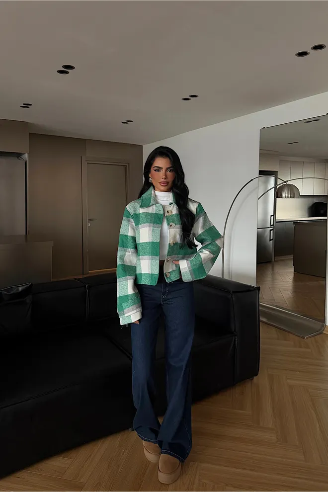 EYYO ATELIER Green Plaid Buttoned Overshirt Jacket Wholesale Clothing 1