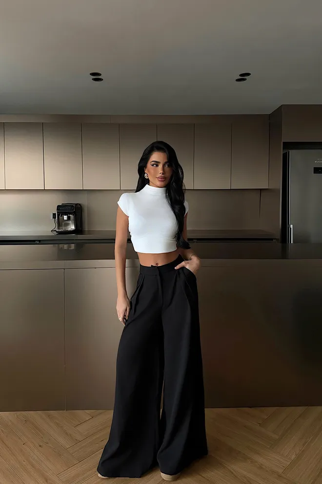 EYYO ATELIER Juodos Elegantiškos Palazzo Kelnės Didmeninė prekyba drabužiais Kokteilinė