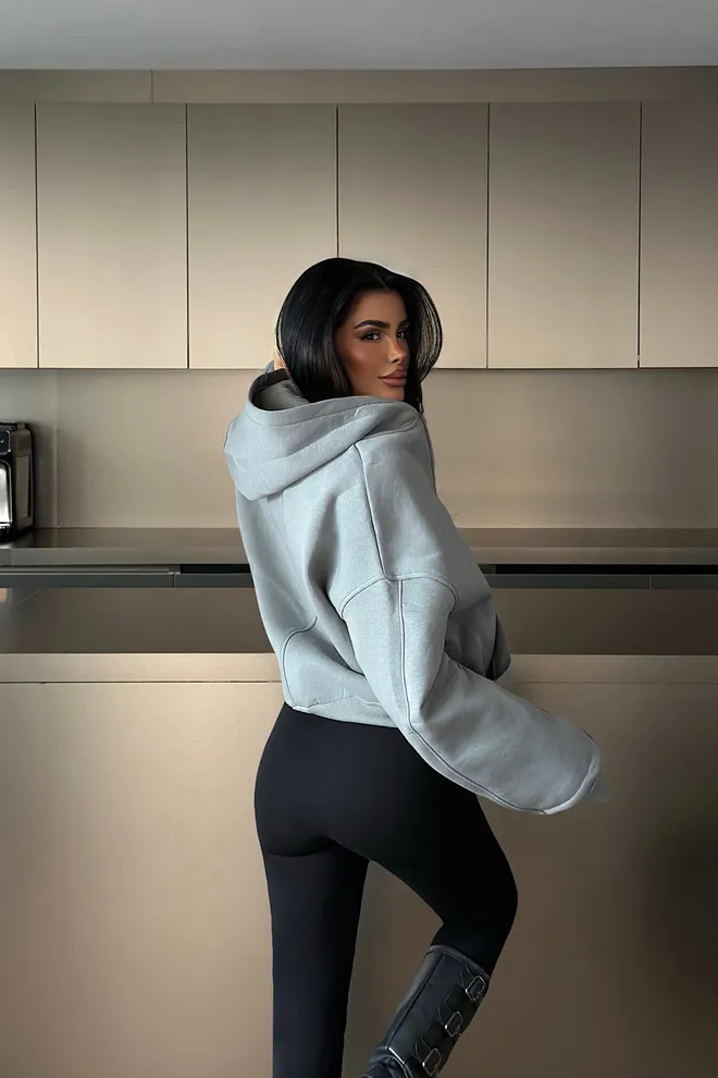 EYYO ATELIER Grey Oversized Fit Cardigan With Kangaroo Pocket Wholesale Clothing Spring