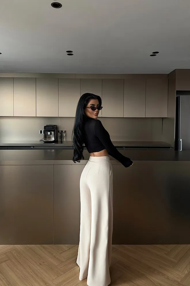 EYYO ATELIER Bej Zarif Palazzo Pantolon Geniş Paçalı Toptan Giyim Bahar