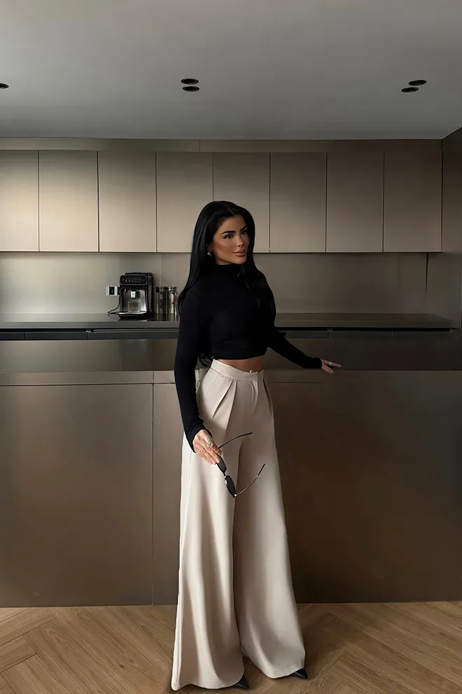 EYYO ATELIER Bej Zarif Palazzo Pantolon Geniş Paçalı Toptan Giyim İş