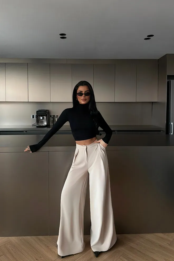 EYYO ATELIER Bej Zarif Palazzo Pantolon Geniş Paçalı Toptan Giyim 1