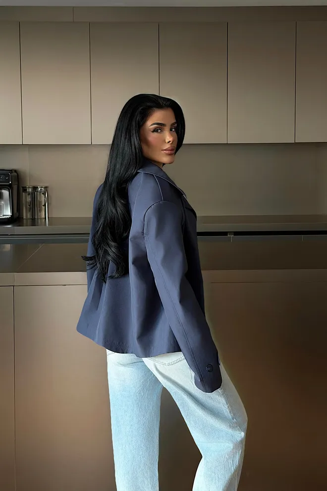 EYYO ATELIER Navy Blue Jacket Single Breasted Blazer With Point Collar Wholesale Clothing Spring