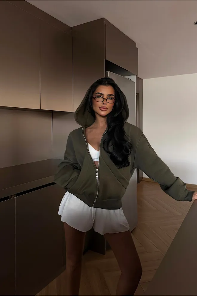 EYYO ATELIER Green Hooded Neck Oversized Zip Up Cardigan Wholesale Clothing 1