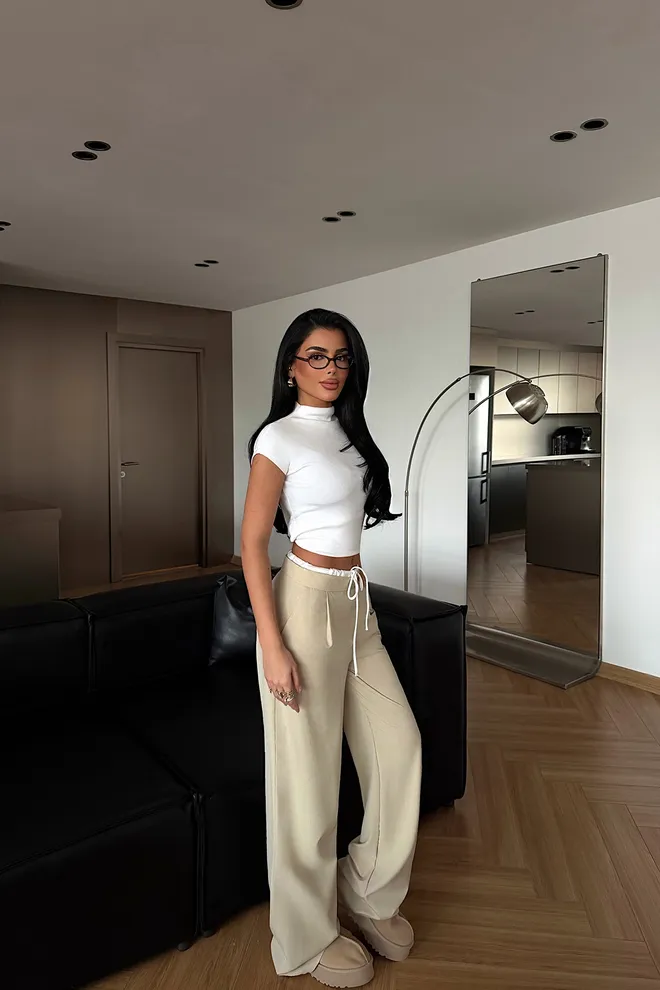 EYYO ATELIER بنطال بالازو بيج بساق عريضة ورباط ملابس بالجملة صالة