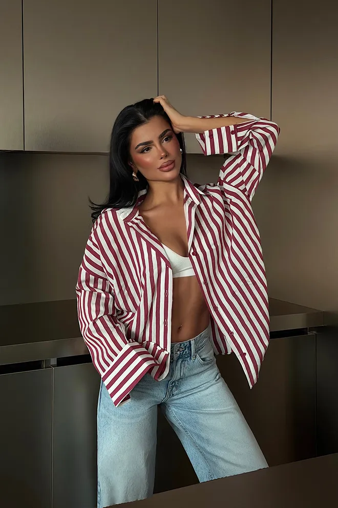 EYYO ATELIER Cămașă Albă Cu Dungi Nasturi Și Decolteu Crestat Îmbrăcăminte cu ridicata Casual