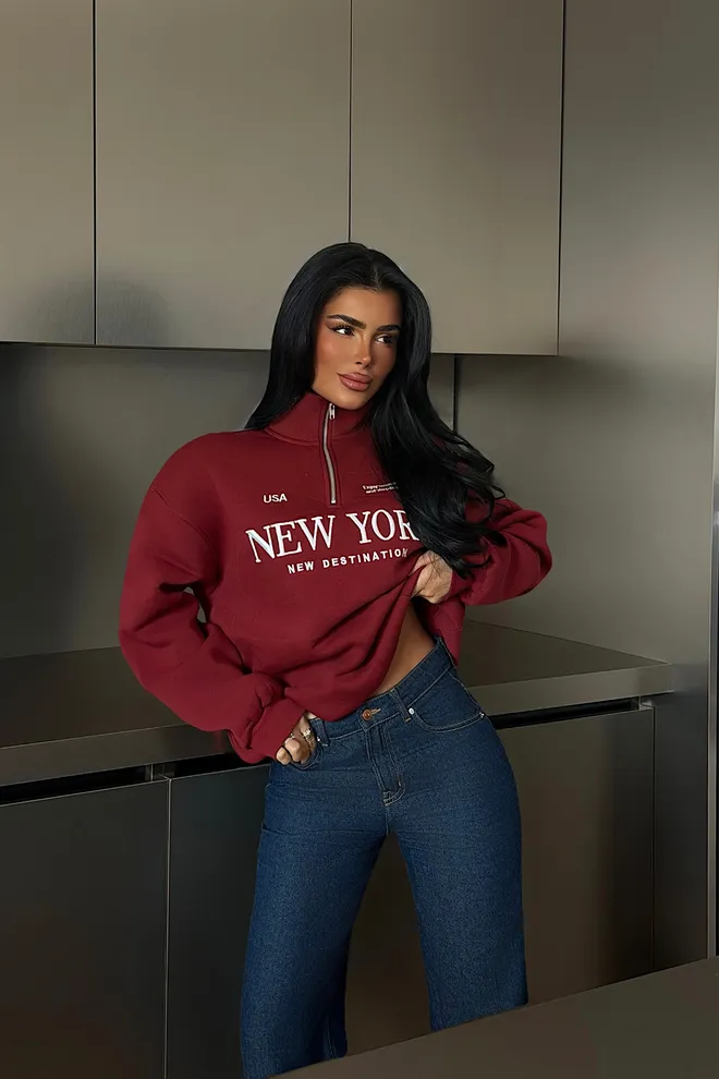 EYYO ATELIER Bordowa Bluza Oversize Z Nadrukiem Liter Claret Red Oversized Sweatshirt With Letter Print Hurtowa sprzedaż odzieży Casual