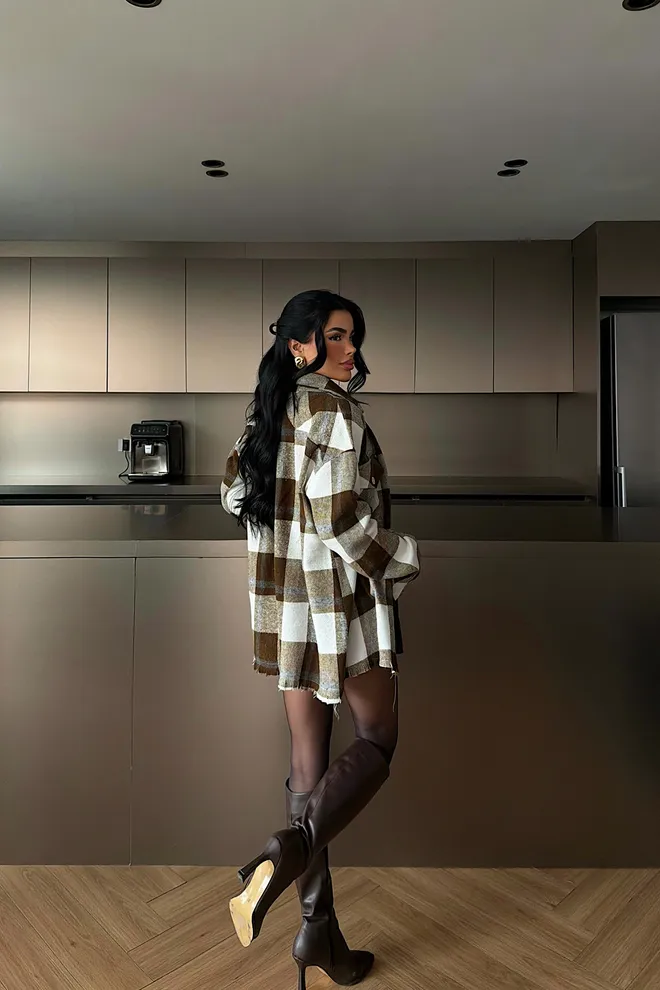 EYYO ATELIER Brown Checkered Overshirt Jacket With Flap Pockets Wholesale Clothing Spring