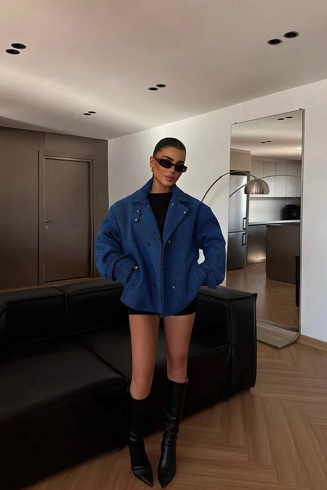 EYYO ATELIER Blue Herringbone Overshirt Jacket With High Collar Wholesale Clothing Lounge