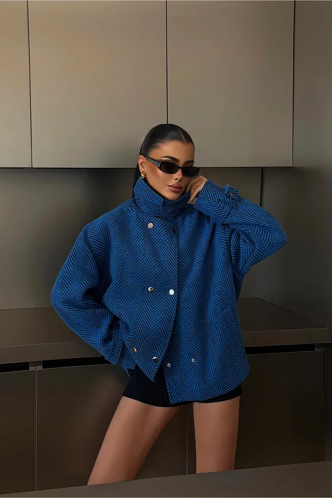 EYYO ATELIER Blue Herringbone Overshirt Jacket With High Collar Wholesale Clothing 1