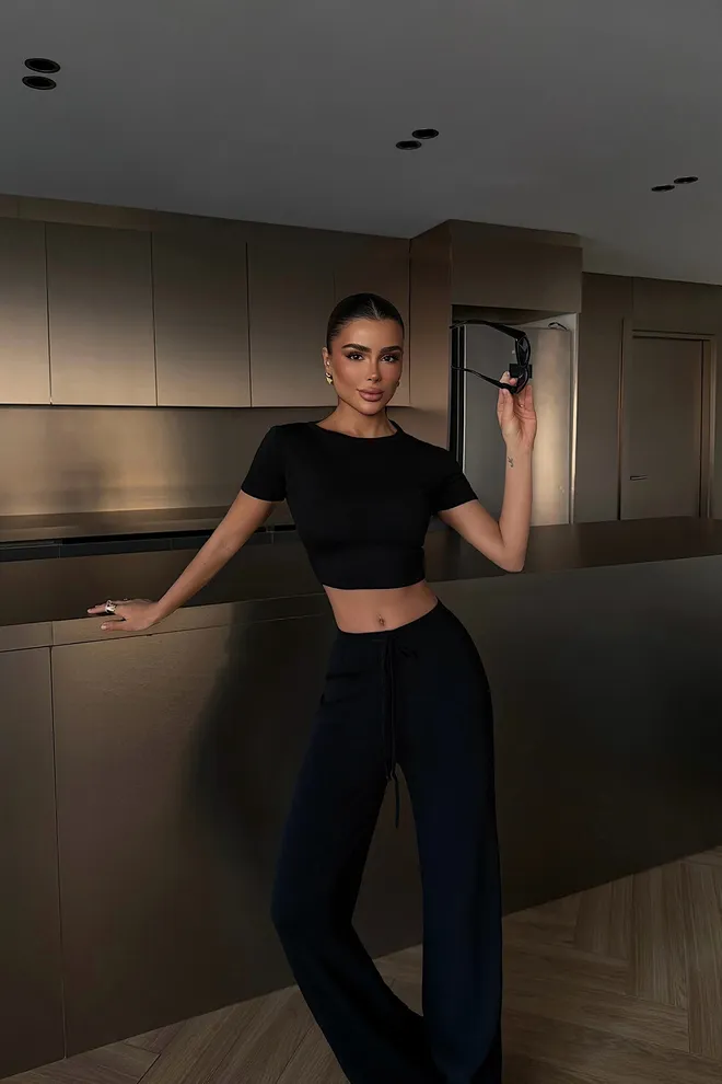 EYYO ATELIER Black Casual Sporty Palazzo Set Wholesale Clothing Casual