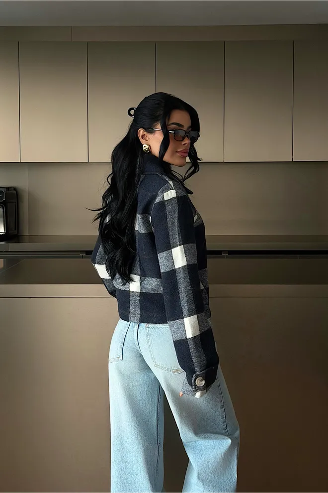 EYYO ATELIER Navy Blue Overshirt Jacket With Checkered Pattern Wholesale Clothing Spring