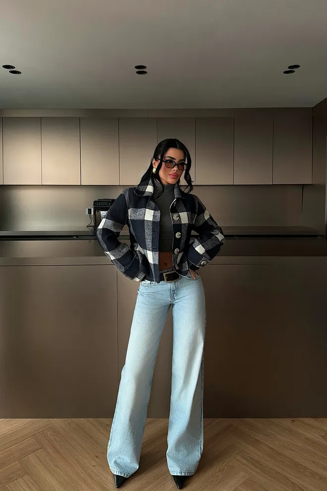 EYYO ATELIER Navy Blue Overshirt Jacket With Checkered Pattern Wholesale Clothing Lounge