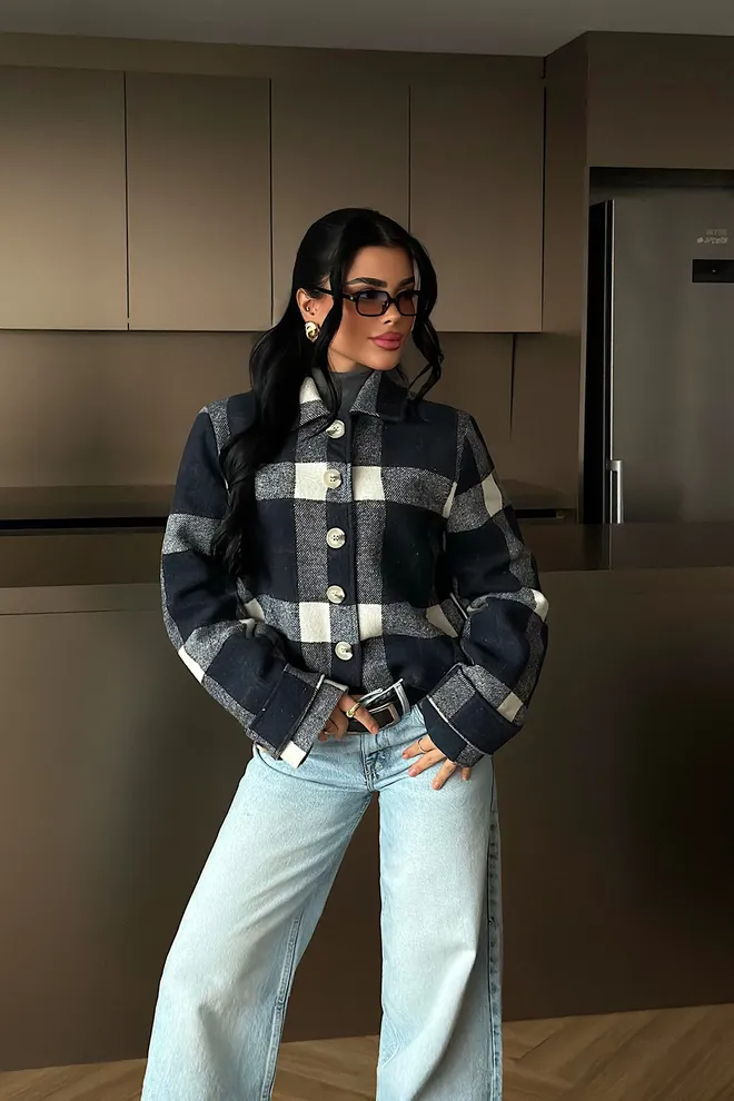 EYYO ATELIER Navy Blue Overshirt Jacket With Checkered Pattern Wholesale Clothing 1