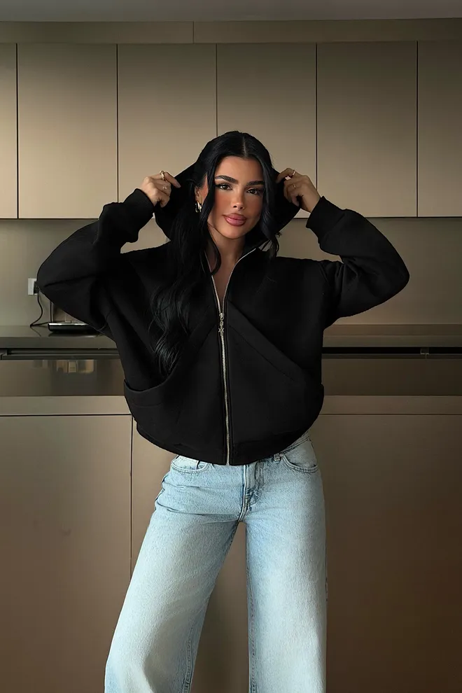 EYYO ATELIER Czarny Kardigan Oversize Z Kapturem I Zamkiem Hurtowa sprzedaż odzieży Casual