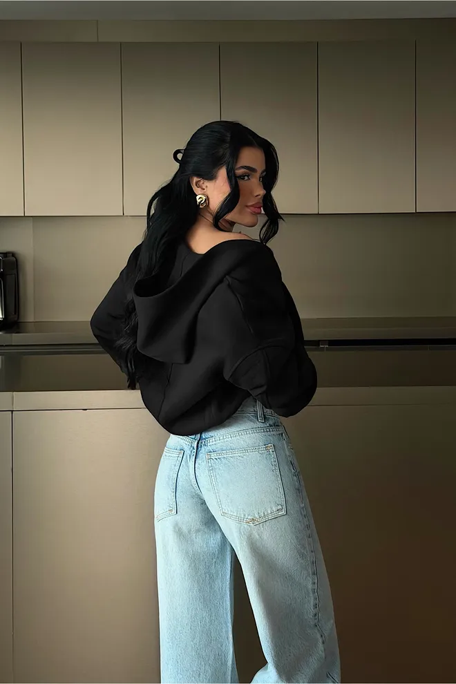 EYYO ATELIER Black Cardigan Oversized Hooded Zip Up Wholesale Clothing Spring