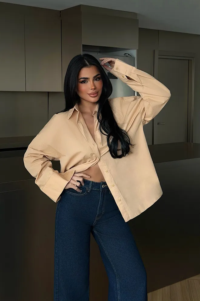 EYYO ATELIER Beige Oversized Casual Shirt With Notched Neck Wholesale Clothing 1