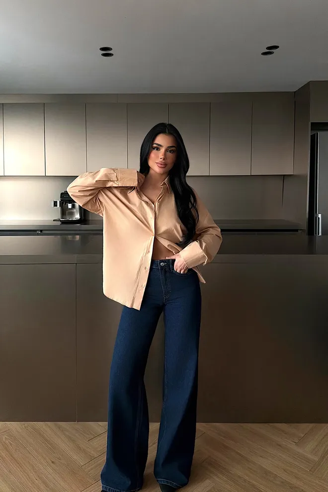 EYYO ATELIER Beige Oversized Casual Shirt With Notched Neck Wholesale Clothing Lounge