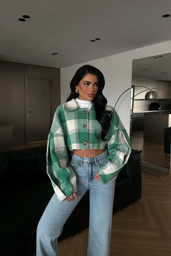 EYYO ATELIER Zielona Kraciasta Koszula Wierzchnia Kurtka Z Kołnierzem W Szpic Hurtowa sprzedaż odzieży Casual