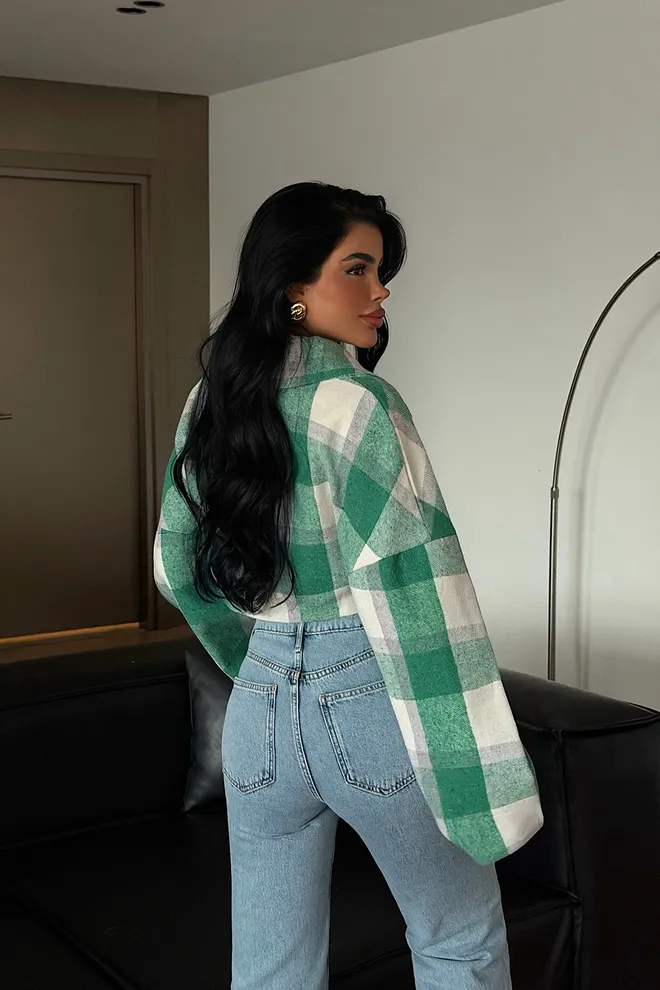 EYYO ATELIER Green Checkered Overshirt Jacket With Point Collar Wholesale Clothing Spring