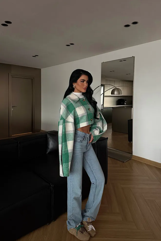 EYYO ATELIER Green Checkered Overshirt Jacket With Point Collar Wholesale Clothing 1