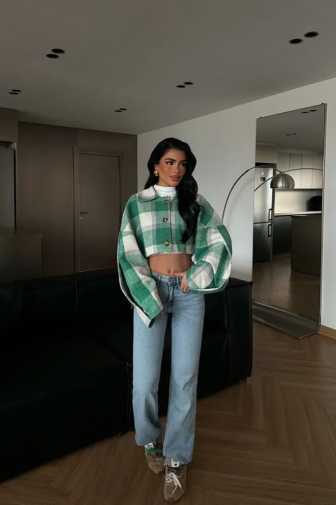 EYYO ATELIER Green Checkered Overshirt Jacket With Point Collar Wholesale Clothing Lounge