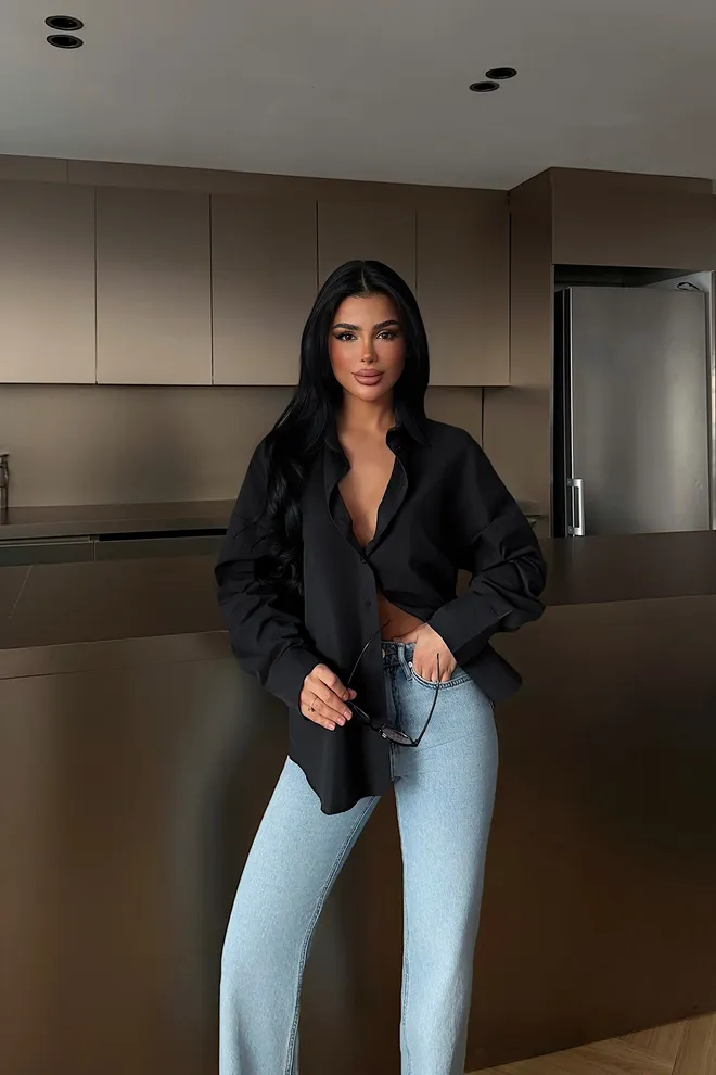 EYYO ATELIER Black Oversized Casual Shirt With Notched Neck Wholesale Clothing Lounge