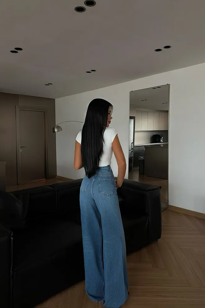 EYYO ATELIER Kot Pantolon Mavi Palazzo Geniş Paça Yüksek Bel Blue Jeans Palazzo Wide Leg High Waist Toptan Giyim Bahar