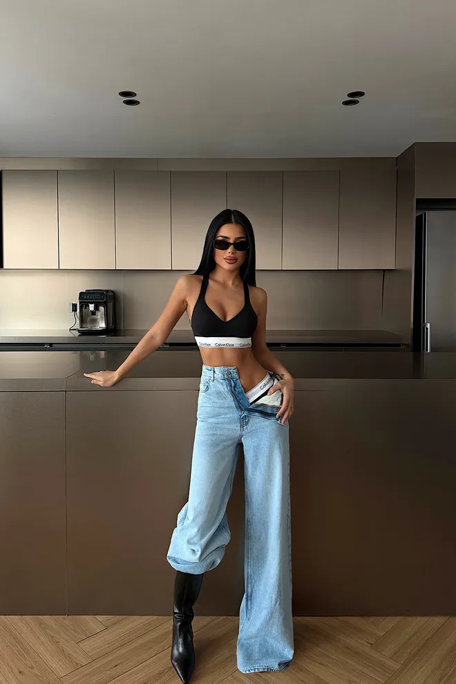 EYYO ATELIER Niebieskie Jeansy Palazzo Wysoki Stan Szeroka Nogawka Hurtowa sprzedaż odzieży Casual