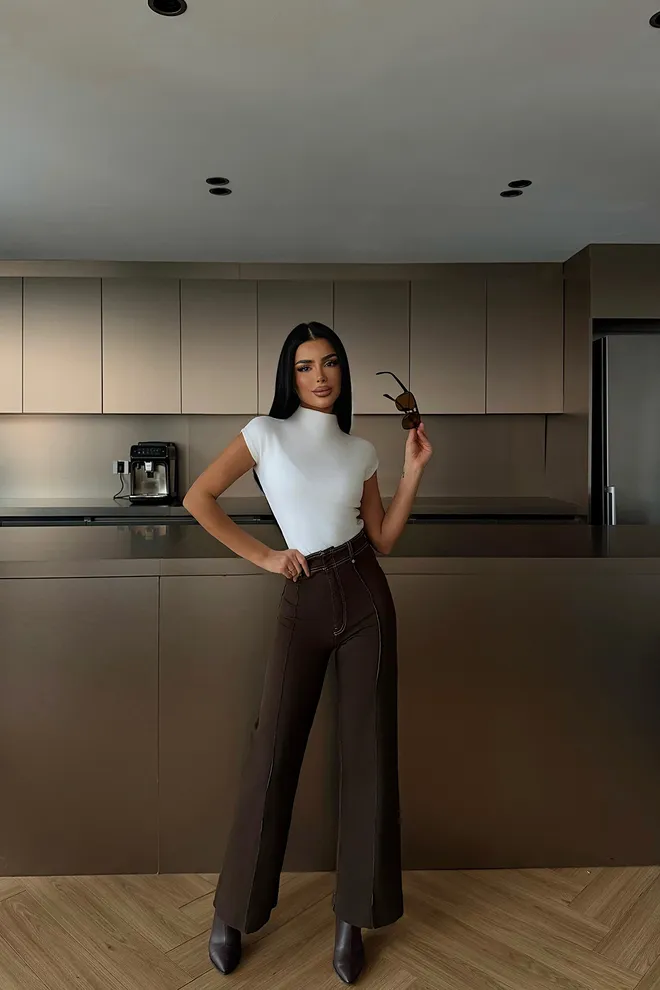 EYYO ATELIER Brown Elegant Wide Leg Bootcut Jeans Wholesale Clothing 1