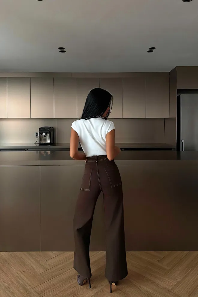 EYYO ATELIER Brown Elegant Wide Leg Bootcut Jeans Wholesale Clothing Spring