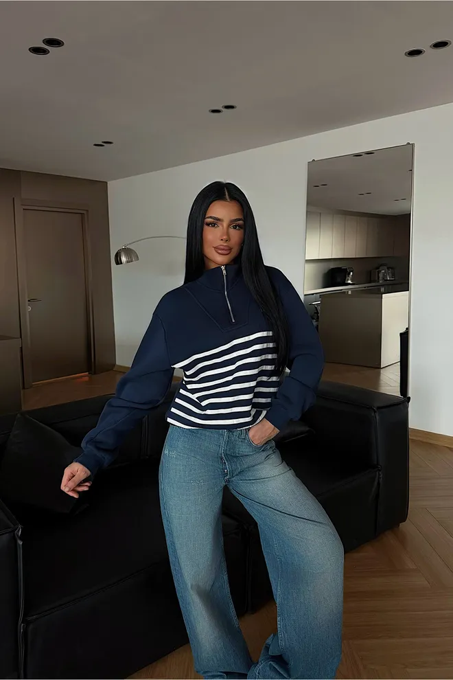 EYYO ATELIER Темно синий Оверсайз Свитшот С Капюшоном Оптовая продажа одежды Повседневный