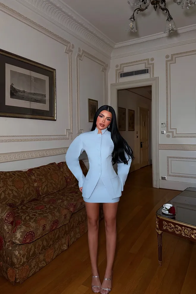 EYYO ATELIER Blauw Elegant Formeel Set Met Bodycon Mini Rok Groothandel Kleding Vintage