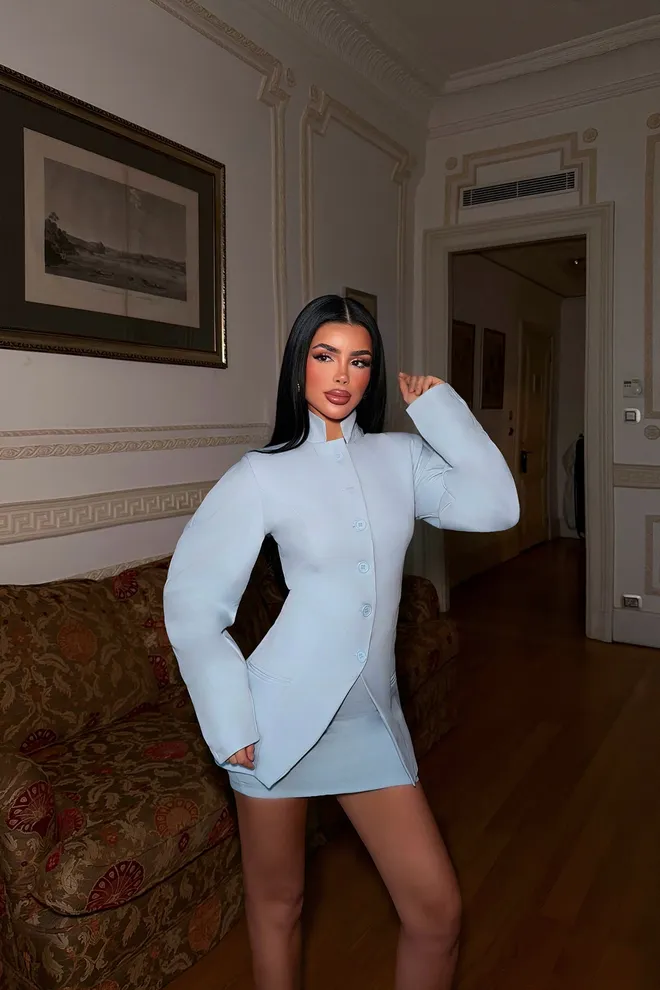 EYYO ATELIER Mavi Zarif Resmi Set Bodycon Mini Etek İle Toptan Giyim İş