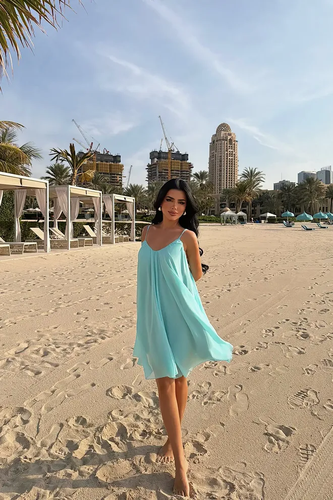 EYYO ATELIER Vestido Slip Azul Com Decote Em V E Mangas Japonesas Roupas por atacado Praia