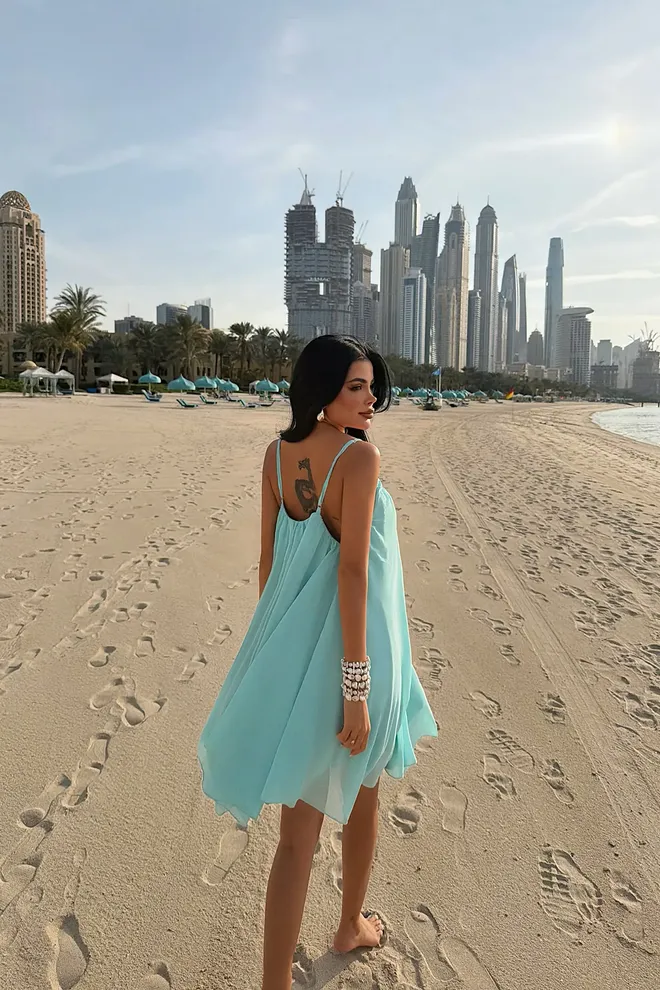 EYYO ATELIER Vestido Slip Azul Com Decote Em V E Mangas Japonesas Roupas por atacado Primavera