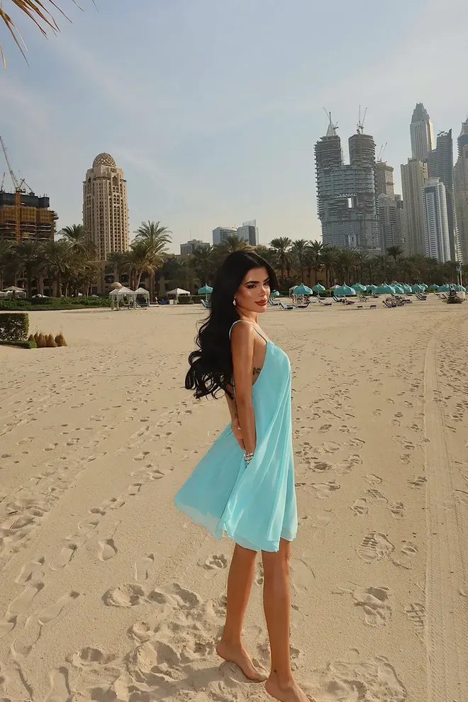 EYYO ATELIER Vestido Slip Azul Com Decote Em V E Mangas Japonesas Roupas por atacado Boho