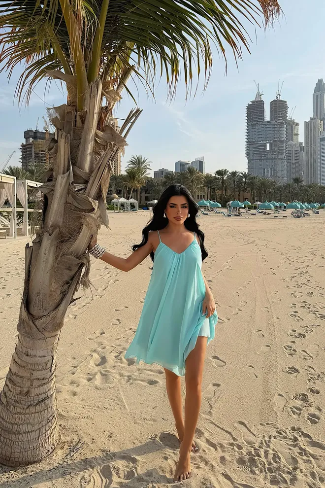 EYYO ATELIER Vestido Slip Azul Con Escote En V Y Mangas Casquillo Ropa al por mayor Casual