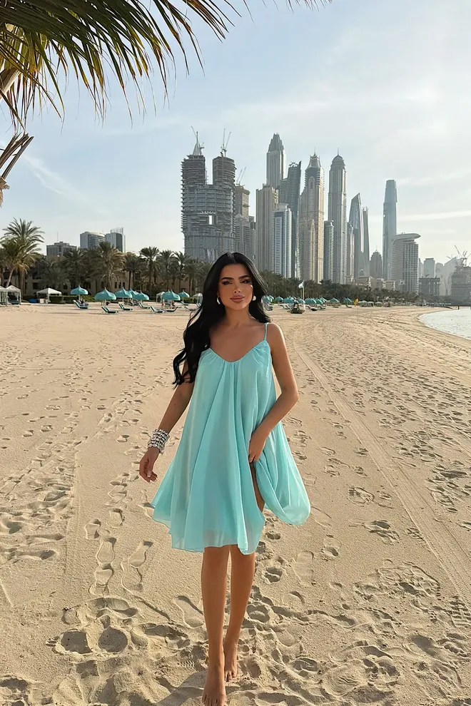 EYYO ATELIER Vestido Slip Azul Com Decote Em V E Mangas Japonesas Roupas por atacado 1